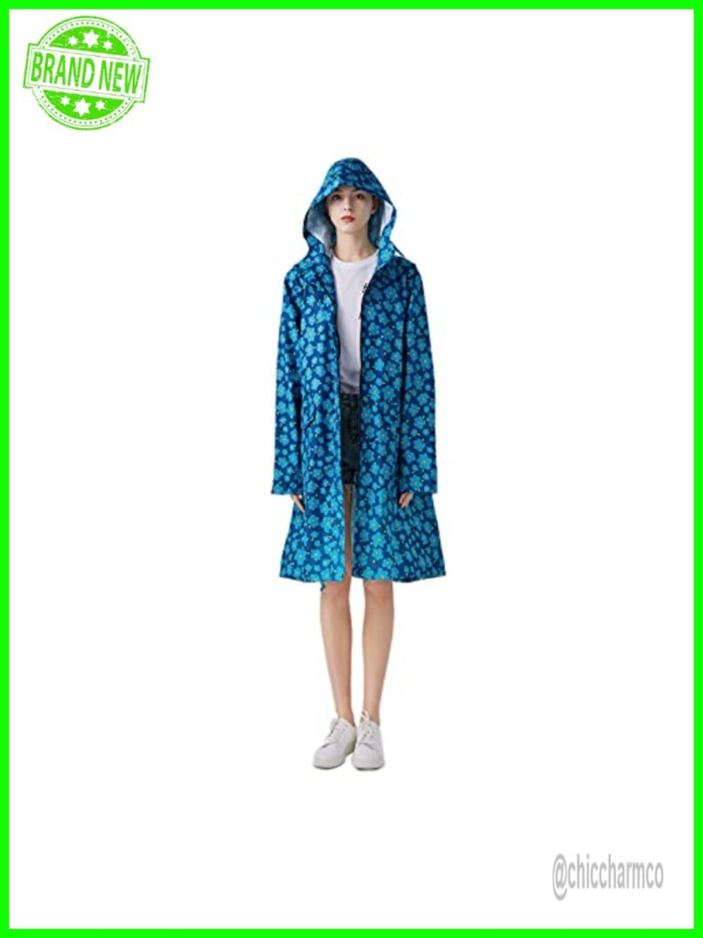 Womens Waterproof Long Raincoat Hooded Zipper Button Pockets